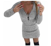 Robes en tricot pour femmes hiver sexy uni V-cou zippé - Pull tricoté robe de soirée femme élégant mini robe ajustée stretch pull robe d'hiver femmes manches longues chaud gros tricot robe de cocktail