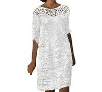 Robes Femmes d été Mi-Longues- Robe Blanche Dentelle,Robe Cocktail Femme Découpée Brodée Robe Décontractée à Col Rond Dress de Mode Sexy Moulante Robe Detente Lâche Robe pour Bal Mariage