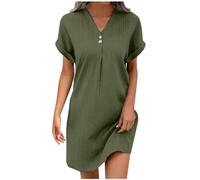 Robes Femmes D Été, Robe Ete Femme Chic Et Elegant Mi Longue Ventes Flash du Jour, Jupe Tunique Grande Taille Col V De Plage en Coton Lin Couleur Unie avec Boutons Dress