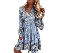 Robes festives imprimées pompons col cravate coupe ample bohème robe tunique paillettes robe moulante, bleu clair, S