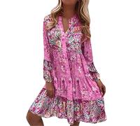 Robes festives imprimées pompons col cravate coupe ample bohème robe tunique paillettes robe moulante, Rose, S