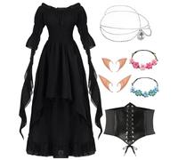 Robes gothiques victoriennes pour femme - Costume de Renaissance - Vintage - Robe noire - Avec oreilles d'elfe - Avec oreilles d'elfe - Chaussettes et corset - VL028S