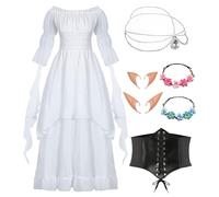 Robes gothiques victoriennes pour femme Vêtements médiévaux Renaissance Robe de soirée vintage Robe blanche Carnaval Halloween Tenue avec oreilles d'elfe Accessoires de cheveux Chaussettes Corset