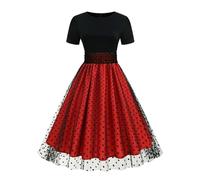 Robes Longues Noires et Roses pour Femmes d'hiver Taille Haute en Maille à Pois plissée Robe Longue des années 50-Rouge à Manches Courtes-XL