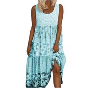 Robes maxi pour femmes 2025 grande taille pull fleur sans manches col en U robe imprimée robe noire pour femmes, bleu ciel, L