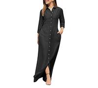 Robes maxi pour femmes 2025 Robe décontractée avec poche en V et col en jean à manches longues pour femme, Noir , XXL