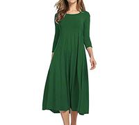 Robes maxi pour femmes 2025 - Robe décontractée unie à col rond et manches longues - Robe trapèze mi-mollet pour femme, ag, S