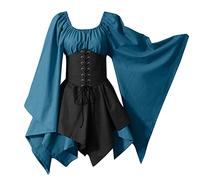 Robes médiévales pour femme avec corset, robe midi Renaissance, manches chauve-souris, vintage, longueur genou, robe de sorcière, rétro, sorcière, cosplay, fête