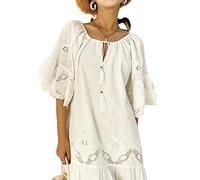 Robes Midi d'Été Femme avec Manches Cloches Frange Robe en Dentelle Blanche Décontractée Boho Robe de Plage (FR/ES, Alpha/Lettres, M, Taille Normale, Taille Normale, Blanc)