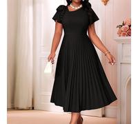 Robes midi manches courtes, plissées, évasées, aux manches évasées, au cou rond, en maille style bohème élégant, pour le printemps et l'été, grande taille 0XL,1XL,2XL,3XL,4XL,5XLBlocs de couleur,Unico
