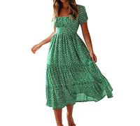 Robes midi pour femmes Robe pour femme avec encolure carrée Manches courtes Lanterne Motif floral d'été Taille haute avec volants Coupe mi-longue Robe florale, vert, L