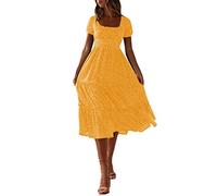Robes midi pour femmes Robe pour femme avec encolure carrée Manches courtes Lanterne Motif floral d'été Taille haute avec volants Coupe mi-longue Robe florale, jaune, L