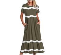 Robes midi pour femmes, robe tendance avec poches, robe d'été avec col rond imprimé et manches pour tenue décontractée, robes d'invitées de mariage pour femmes, Vert, M
