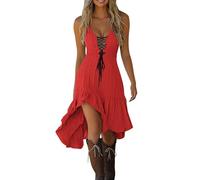 Robes occidentales à porter avec des bottes sans manches en dentelle patchwork robe d'été cowgirl fluide taille smockée robe gothique vintage, Rouge, Taille S