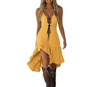 Robes occidentales à porter avec des bottes sans manches en dentelle patchwork robe d'été cowgirl fluide taille smockée robe gothique vintage, jaune, Taille XL