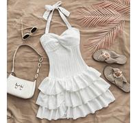 Robes pour adolescentes Robe mini de vacances avec buste froncé élastique, cou noué, nœud papillon et volants froncés, peut être portée à l'intérieur ou à l'extérieur, robes d'été, robe blanche unie 1