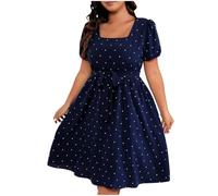 Robes pour femme élégantes - Midi, à pois, manches bouffantes, col carré, ligne A, balançoire, plissée, décontractée, bureau, bal, fête, cocktail, robes des années 1950 grande taille, Bleu foncé., XXL