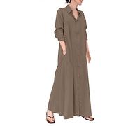 Robes pour femme - Grandes tailles - Manches longues - Boutonné - Grande taille - En mousseline - Col en V - Robe chemisier avec poches - Robe portefeuille asymétrique, café, M