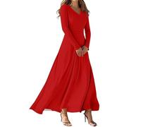 Robes pour femme - Manches longues - Décontracté - Col en V - Couleur unie - Robe midi à manches longues, Rouge, S