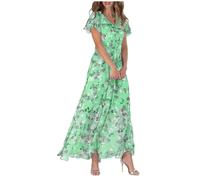 Robes pour femme, robe longue évasée, en mousseline de soie, à manches courtes, à volants, col en V, robe fluide à la taille, Vert, 3XL