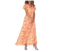 Robes pour femme, robe longue évasée, en mousseline de soie, à manches courtes, à volants, col en V, robe fluide à la taille, Orange, L
