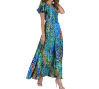 Robes pour femme - Robe longue évasée en mousseline de soie à manches courtes et col en V - Robe fluide, bleu, L