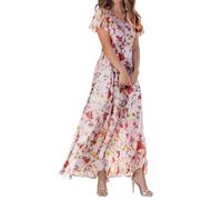Robes pour femme - Robe longue évasée en mousseline de soie à manches courtes et col en V - Robe fluide, rose, L