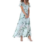 Robes pour femme - Robe longue évasée en mousseline de soie à manches courtes et col en V - Robe fluide, Vert, L