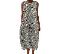 Robes pour femme - Robe ronde en coton et lin avec poche à nouer - Imprimé floral - Robe décontractée sans manches - Robe noire pour femme, gris foncé, XXL