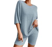 Robes pour femmes 2 ensembles de pyjamas en maille côtelée, tenues assorties, t-shirt, short de motard, vêtements de nuit, survêtements sous-vêtements sexy pour, bleu, XL