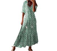 Robes pour femmes UK manches trois-quarts col en V imprimé floral robe mi-longue légère en mousseline de soie pour les fêtes de jardin d'été 2025, Vert, 3XL