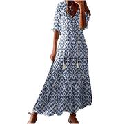 Robes pour femmes UK manches trois-quarts col en V imprimé floral robe mi-longue légère en mousseline de soie pour les fêtes de jardin d'été 2025, bleu, XL