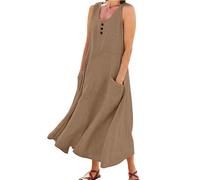 Robes pour femmes UK Robe d'été élégante à col rond boutonné sans manches de couleur unie décontractée ample robe de vacances de plage avec poches, Coffee-B., 4XL
