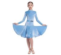 Robes pour Filles à Manches Longues Robe de Danse Latine Enfants Velours Tango Salle de Bal compétition Tenue fête fête d'anniversaire ou déguisement,Light Blue,120cm