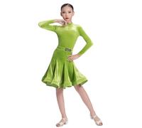 Robes pour Filles à Manches Longues Robe de Danse Latine Enfants Velours Tango Salle de Bal compétition Tenue fête fête d'anniversaire ou déguisement,Vert,120cm