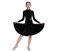 Robes pour Filles à Manches Longues Robe de Danse Latine Enfants Velours Tango Salle de Bal compétition Tenue fête fête d'anniversaire ou déguisement,Noir,120cm