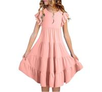 Robes pour filles - Robe d'été pour fille - Double couche - Manches flottantes - Robe trapèze fluide - Robe mi-longue décontractée avec dégradé de couleur, Rose, 14-15 ans