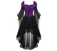 Robes Renaissance pour femme avec lacets - Robe médiévale pour femme - Manches chauve-souris - Robe maxi gothique avec ourlet irrégulier - Costume d'Halloween - Costume de vampire - Robe de fête