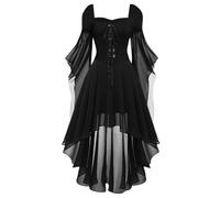 Robes Renaissance pour femme avec lacets - Robe médiévale pour femme - Manches chauve-souris - Robe maxi gothique avec ourlet irrégulier - Costume d'Halloween - Costume de vampire - Robe de fête