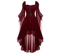 Robes Renaissance pour femme avec lacets - Robe médiévale pour femme - Manches chauve-souris - Robe maxi gothique avec ourlet irrégulier - Costume d'Halloween - Costume de vampire - Robe de fête