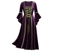 Robes Renaissance pour femme, costume médiéval, robe longue irlandaise, col carré, manches trompette, corset à lacets, longueur au sol, robe de bal gothique, victorienne, violet, L