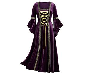 Robes Renaissance pour femme, costume médiéval, robe longue irlandaise, col carré, manches trompette, corset à lacets, longueur au sol, robe de bal gothique, victorienne, violet, L