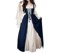 Robes Renaissance pour femmes - Robes médiévales vintage pour Halloween - Robes longues à épaules dénudées avec manches évasées - Tenue victorienne, bleu marine, XXL