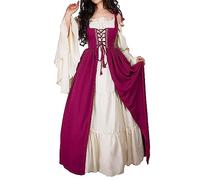 Robes Renaissance pour femmes - Robes médiévales vintage pour Halloween - Robes longues à épaules dénudées avec manches évasées - Tenue victorienne, rose vif, L