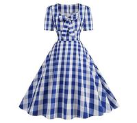 Robes Rockabilly des années 1950 pour Femmes, Robes Rétro à Col Coeur, Manches Courtes, Robe Fluide à Carreaux avec Nœud Avant, Robes de Fête, de Cocktail, de Thé, Vintage Style, Taille S-XXL, Bleu 1