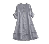 Robes tuniques pour femme - Haut en coton et lin - Couleur unie - Boutonné sur le devant - Chemisiers longs avec poches - Chemise à manches courtes Y2K - Tunique d'été habillée - Grande taille -