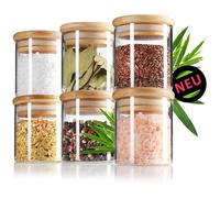 Robin Goods® 6x Bocaux de conservation avec couvercles en bambou 200ml - pour épices en verre borosilicaté renforcé - hermétiques - boîte ronde réutilisable (06 pièces - 200ml)