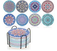Robin Goods® Ensemble de 9 Dessous de Verre avec Support en métal - Dessous de Verre en liège à Motif de Mandala en céramique - Dessous de Verre Ronds (8 pièces - sous-Verres + Support)