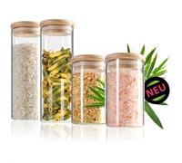 Robin Goods® Lot de 4 bocaux de stockage avec couvercle en bambou - pour aliments, épices - Stockage hermétique en verre borosilicaté renforcé - 0.25L / 0.5L (04 pièces - 250 / 500ml)
