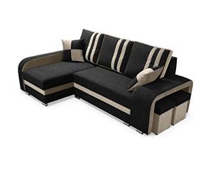 Robin Inspire Canapé d'angle York avec Fonction de Couchage, 2 Coffres de Lit, 2 Petits Coussins, 2 Poufs, Canapé en Forme de L, Canapé-lit, Angle à Gauche, Mobilier de Salon Noir Beige